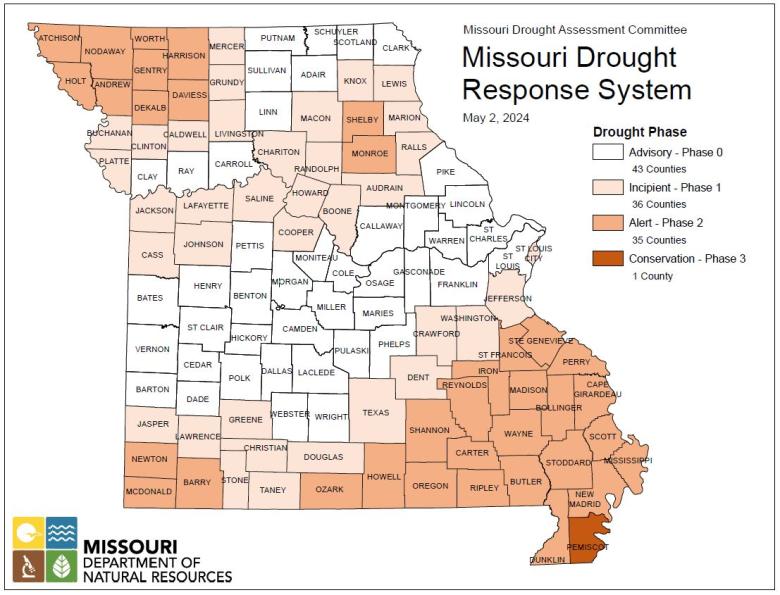 Missouri map with county lines and different colors to indicate the intensity of any drought conditions as of May 2, 2024